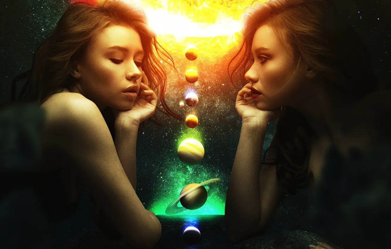 Photo wallpaper girls, glow, cosmos, mood, planets, surreal, manipulation