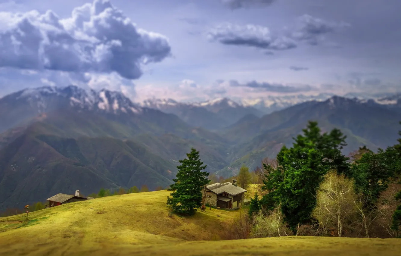 Photo wallpaper mountains, Alps, house, bokeh