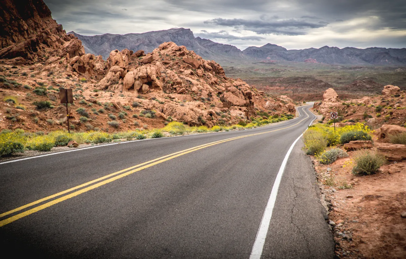 Photo wallpaper road, mountains, Park, stones, desert, Nevada, Usa