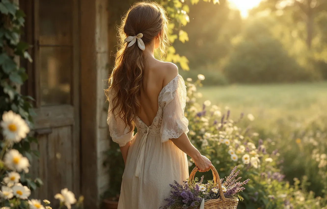 Photo wallpaper field, girl, the sun, rays, light, trees, flowers, nature
