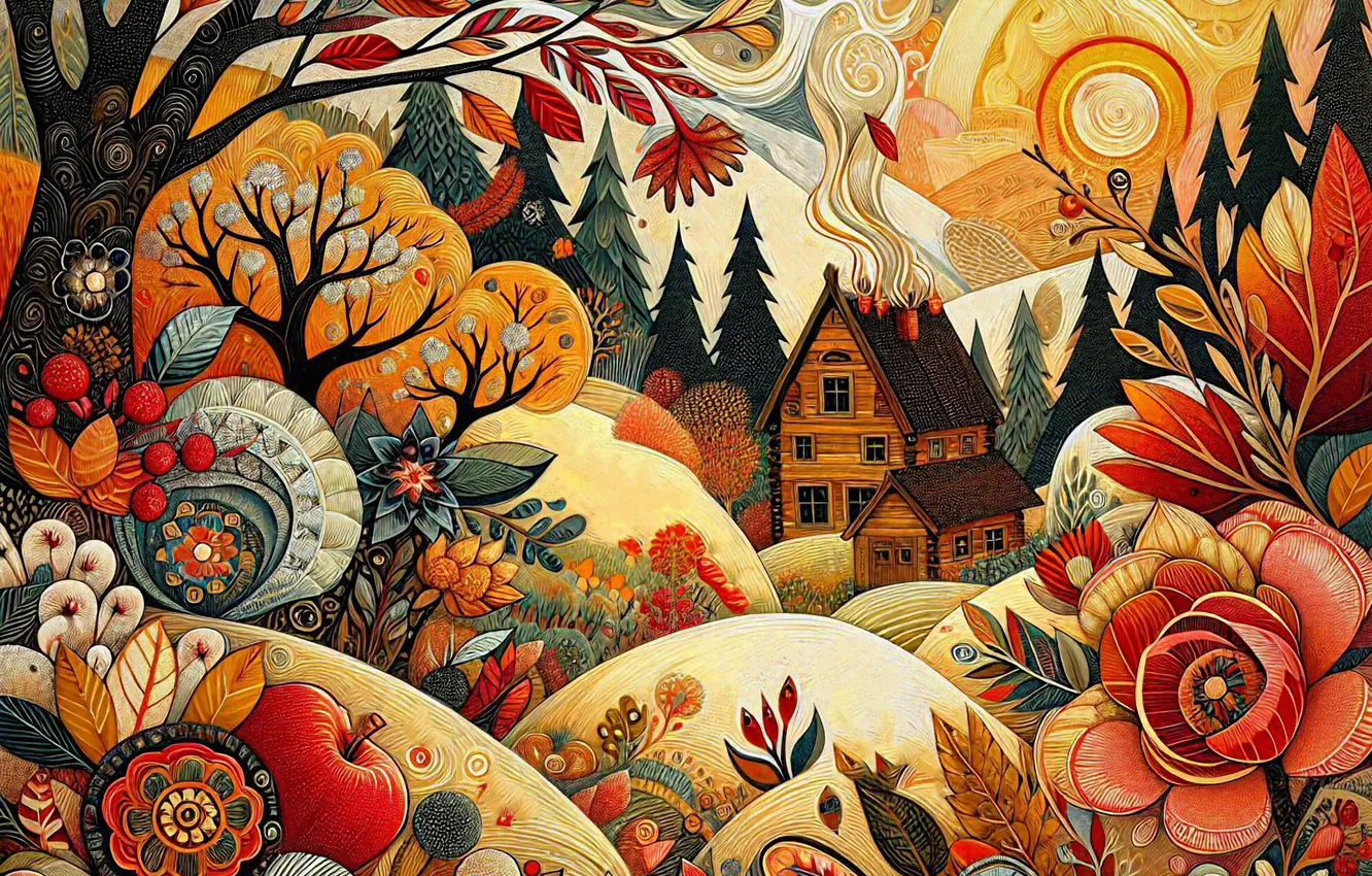 Photo wallpaper autumn, the sun, trees, flowers, hills, pattern, apples, styling