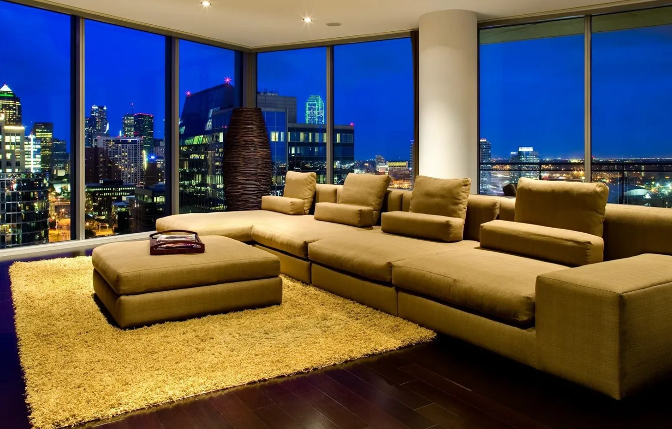 Photo wallpaper lights, windows, landscape, night, living room, interior, sofa, buildings