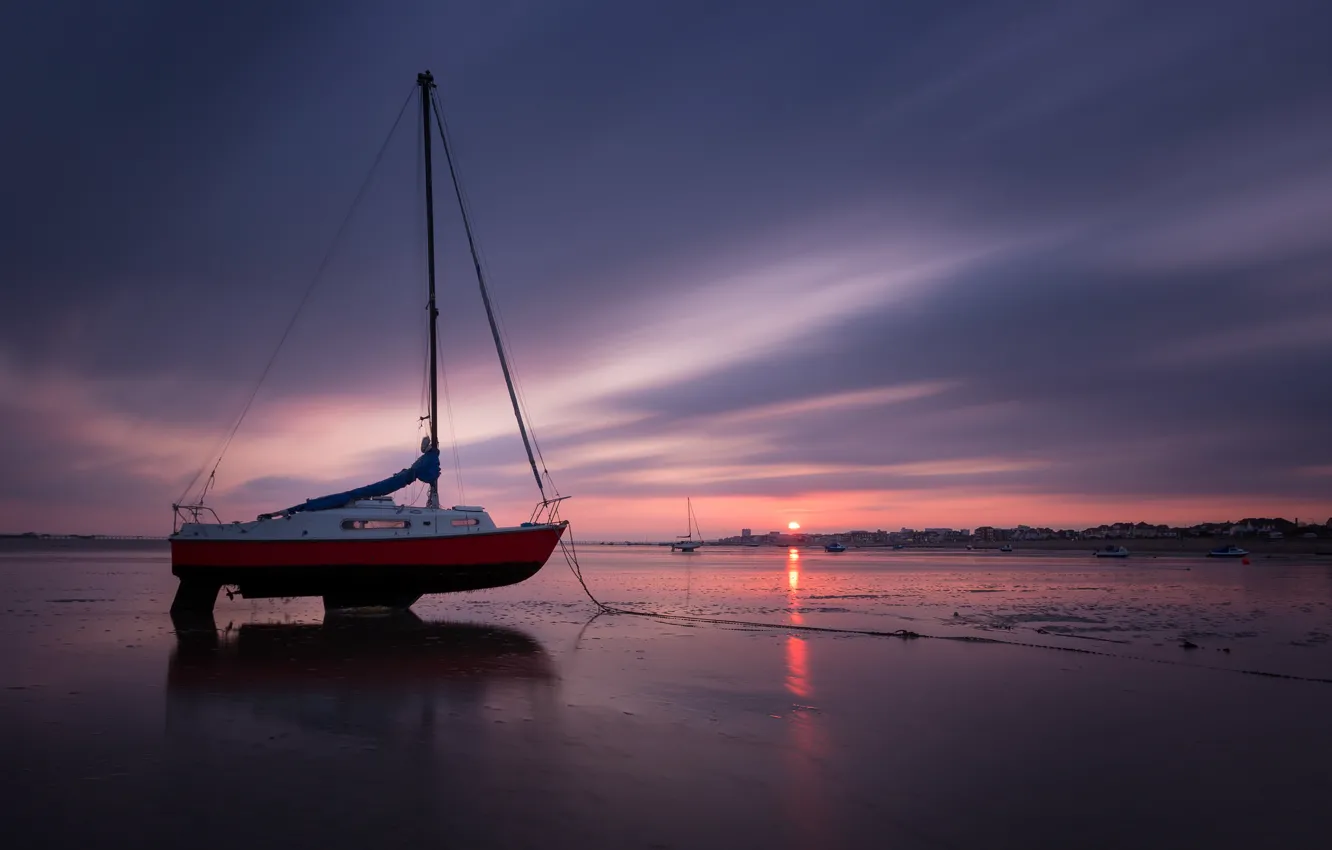 Photo wallpaper sea, the sky, the sun, clouds, sunset, shore, boat, the evening