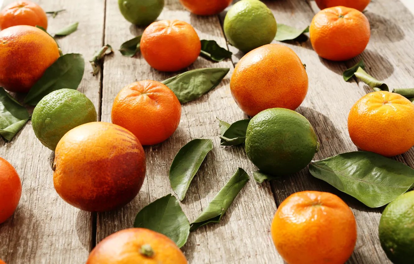 Photo wallpaper leaves, Board, orange, lime, citrus, fruit, placer, different