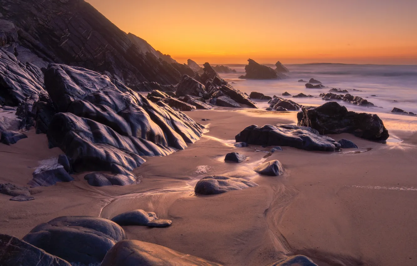 Photo wallpaper sand, sea, beach, the sky, sunset, stones, rocks, the evening