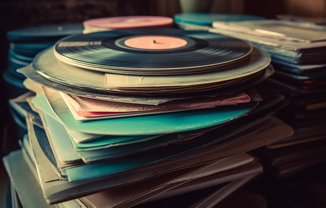 Photo wallpaper retro, music, vinyl, old, record, stack, a lot, collection