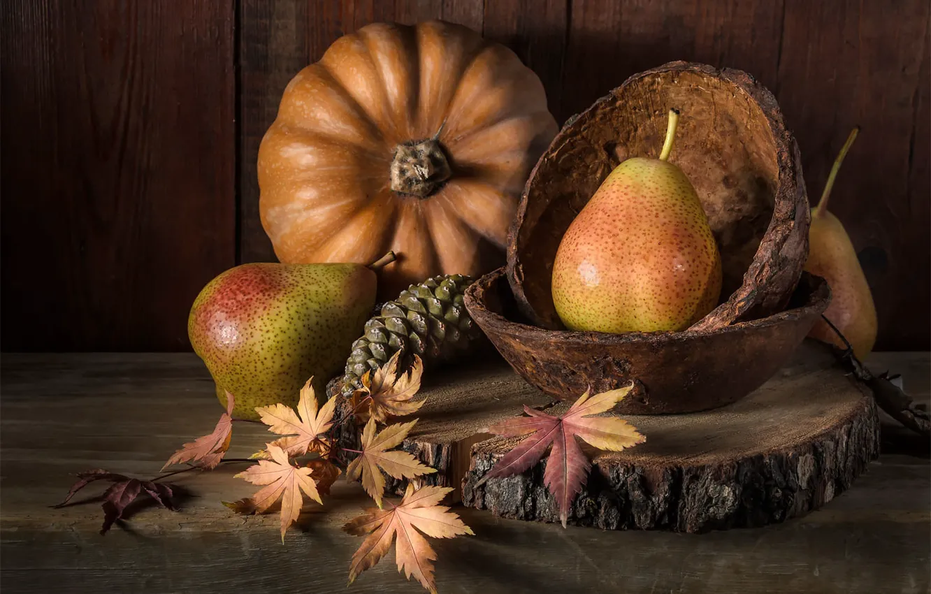 Photo wallpaper autumn, leaves, table, Board, fruit, pumpkin, bowl, fruit