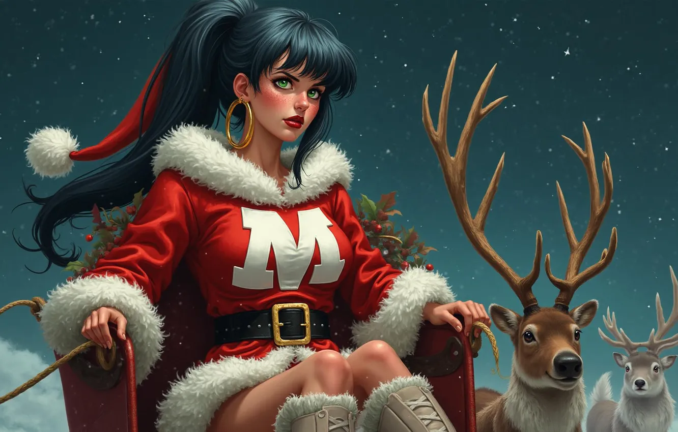 Photo wallpaper New Year, brunette, reindeer, snow maiden