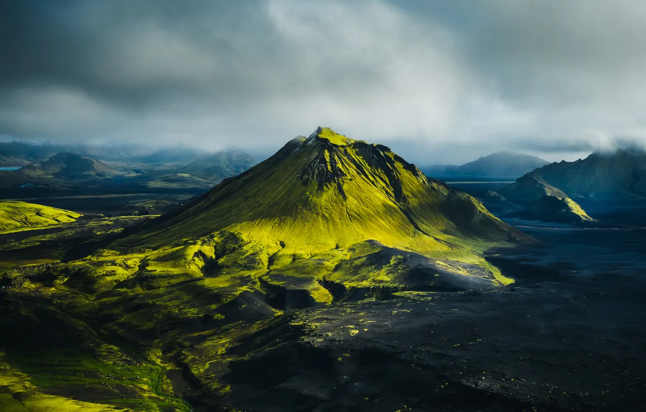 Photo wallpaper green, photography, landscape, nature, mountains, fog, Iceland, volcano