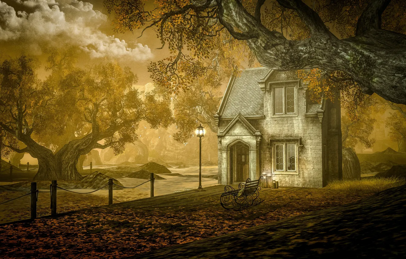 Photo wallpaper autumn, the sky, clouds, trees, landscape, bench, nature, house