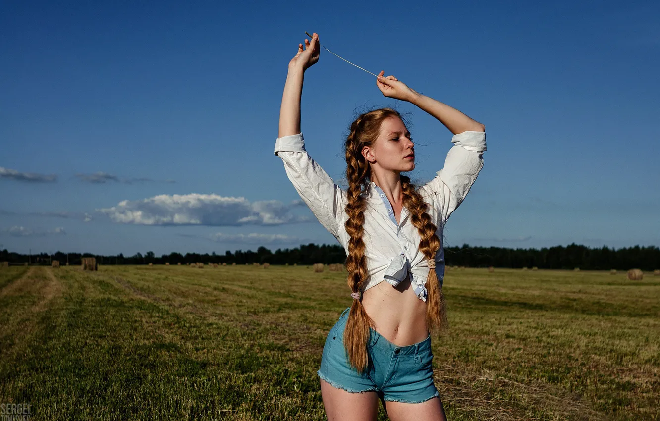 Photo wallpaper field, girl, pose, shorts, braids, Sergei Timashev, Irina Shchukina