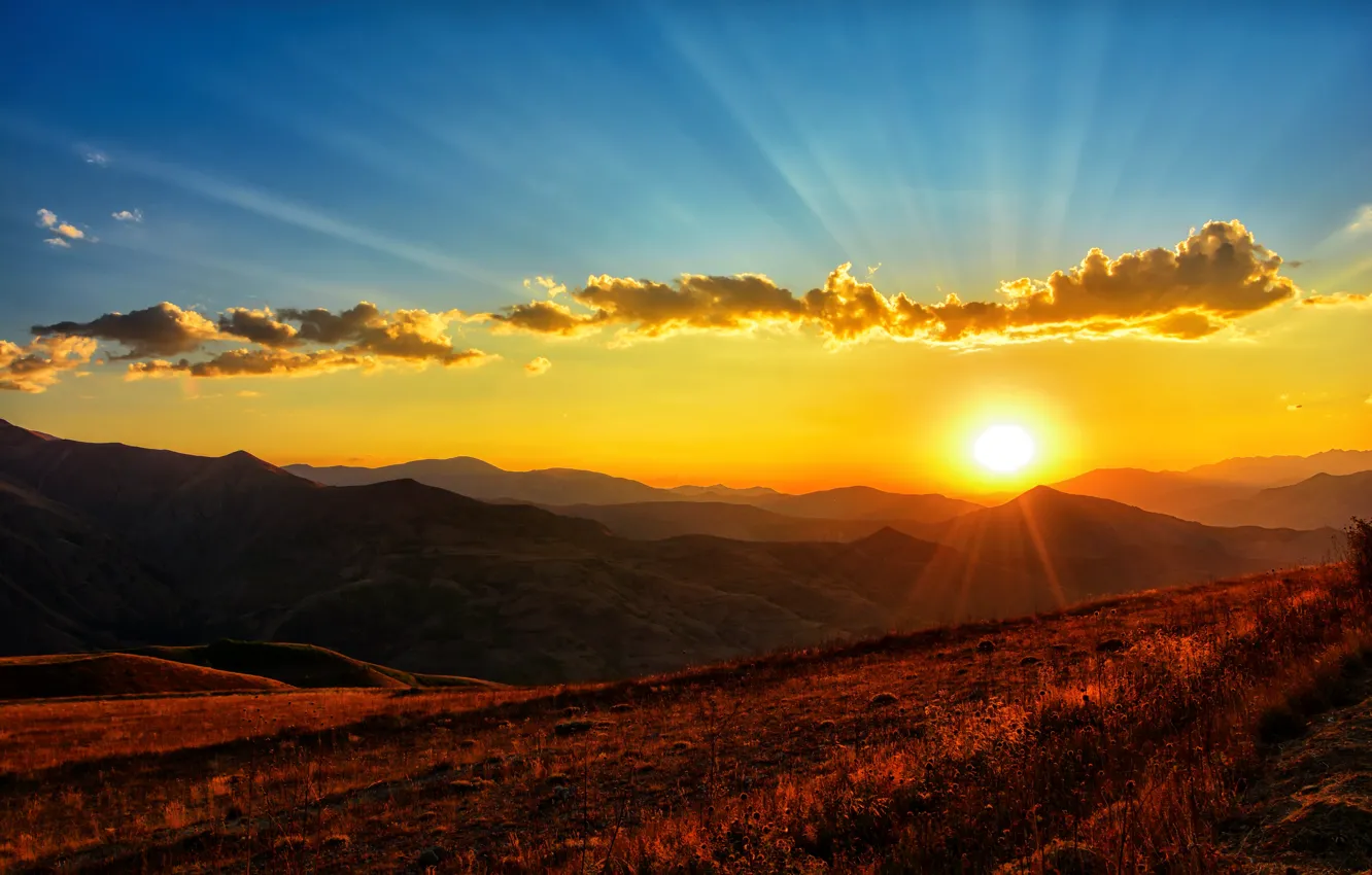 Photo wallpaper the sun, mountains, beauty, space, sunset, mountains, sunset, sun