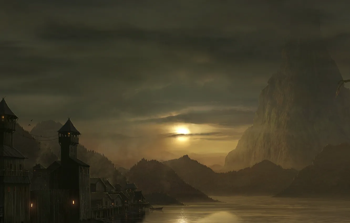 Photo wallpaper lake, dragon, art, Arda, The hobbit, The esgorath, Smaug, The lonely mountain