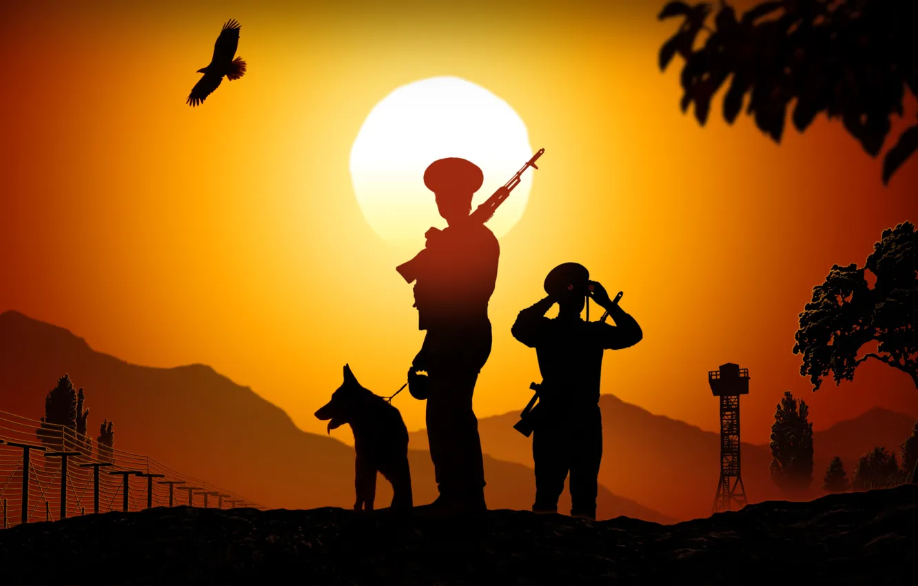 Photo wallpaper sunset, strip, castle, border, key, silhouette, art, soldiers
