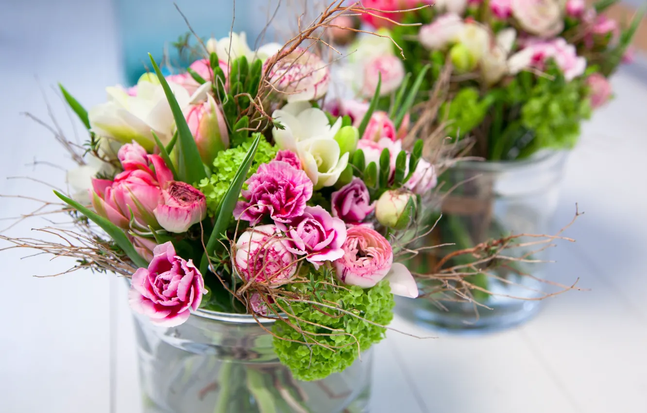 Photo wallpaper branches, blur, Bouquet, vase