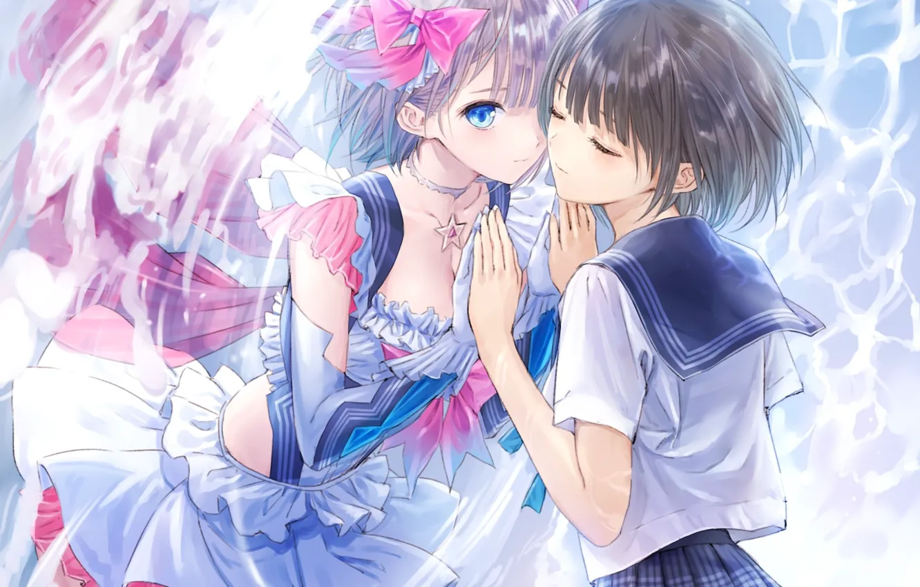 Photo wallpaper neckline, schoolgirl, bow, ruffles, sailor, alter ego, gloves elbow, circles on the water