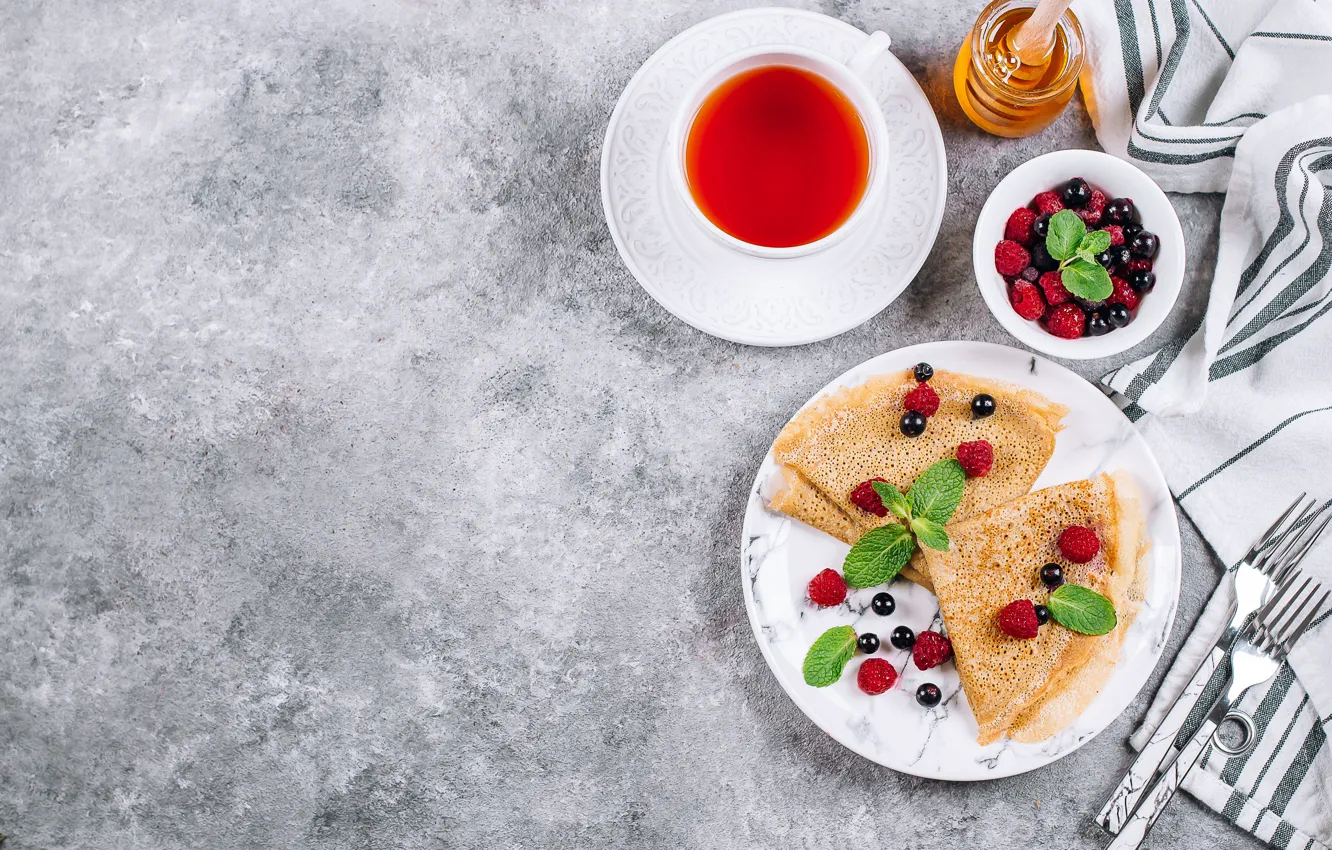 Photo wallpaper berries, tea, Breakfast, honey, pancakes, Timolina