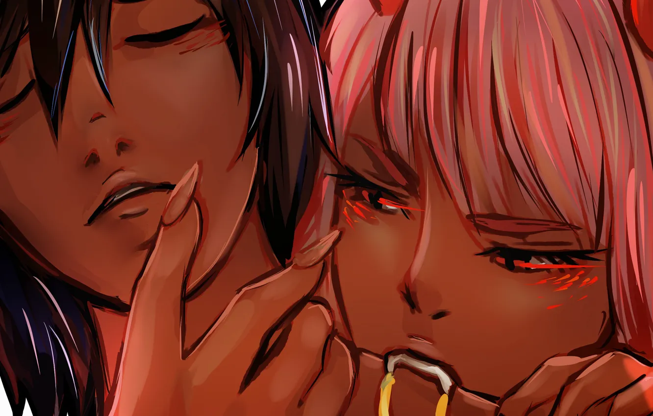 Photo wallpaper girl, bite, claws, vampire, guy, two, Darling In The Frankxx, Cute in France