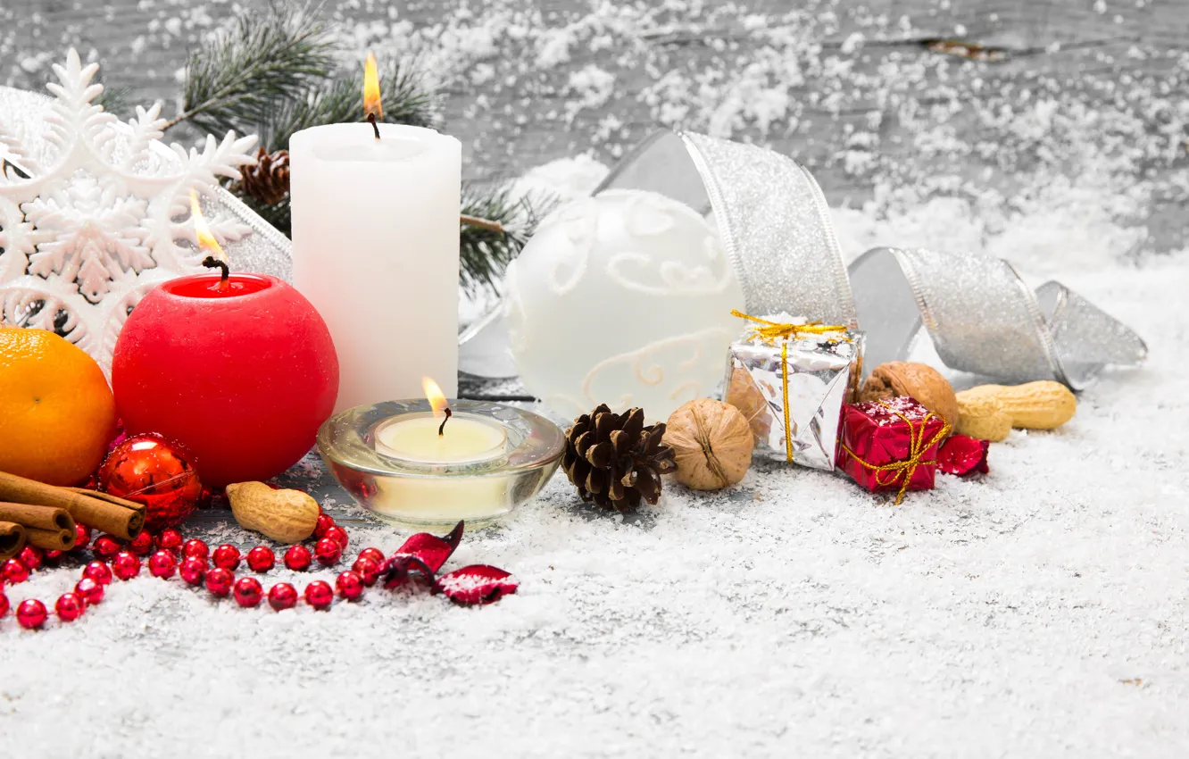Photo wallpaper snow, decoration, tree, candles, New Year, Christmas, gifts, Christmas