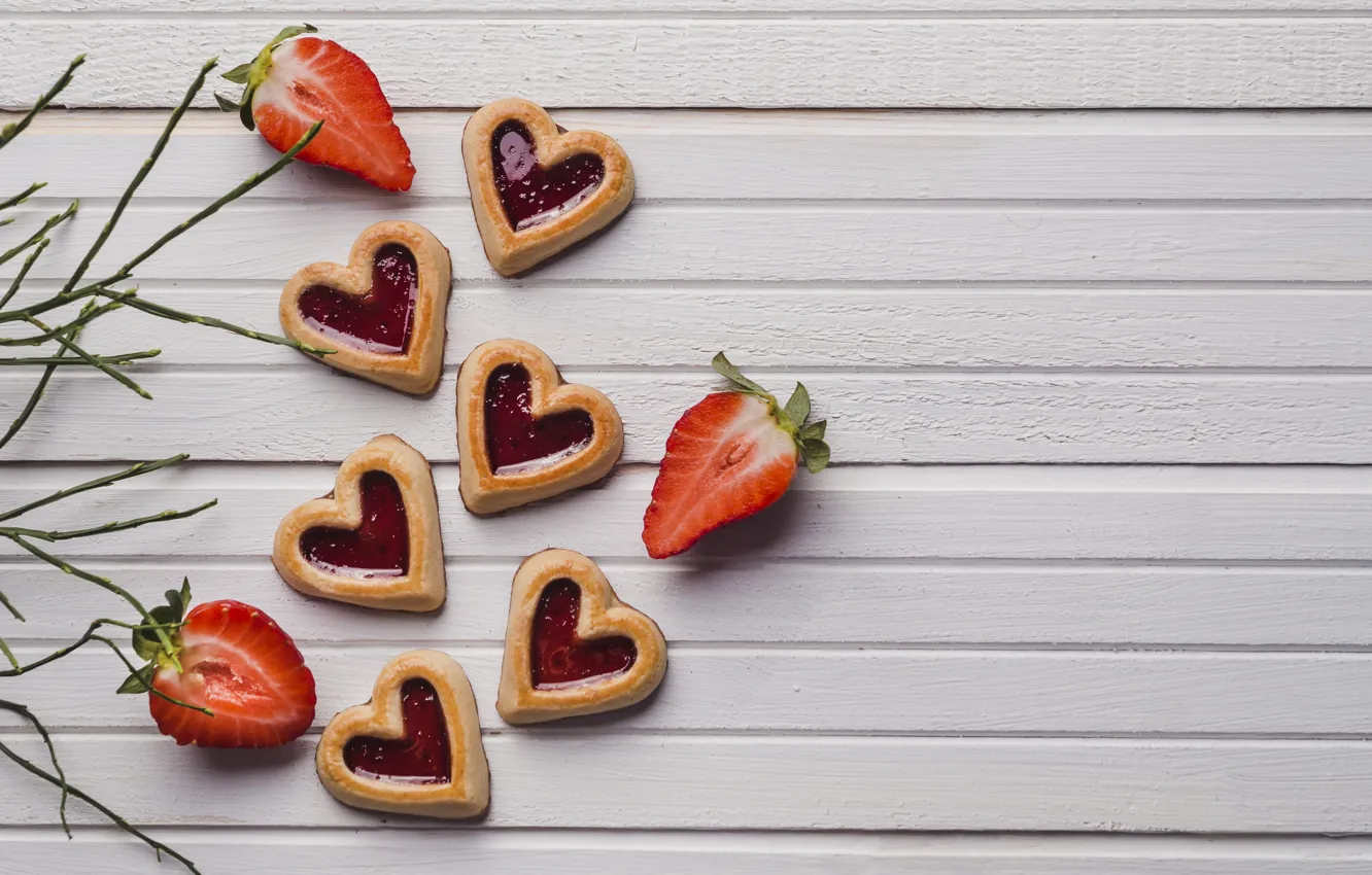 Photo wallpaper berries, cookies, strawberry, dessert, wood, jam, sweet, jam
