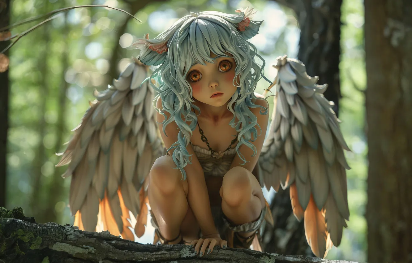 Photo wallpaper look, trees, branches, wings, angel, girl, sitting, digital art