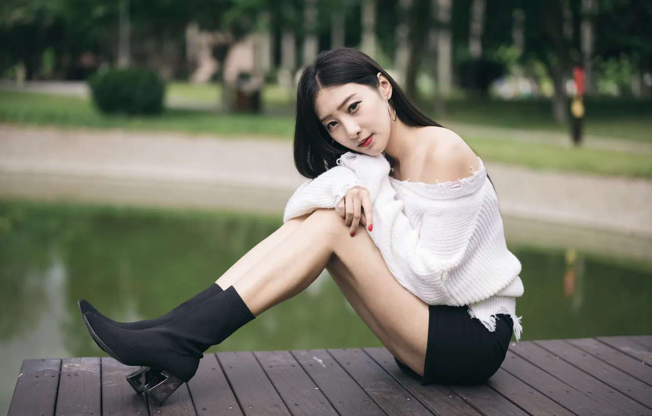 Photo wallpaper girl, skirt, brunette, legs, Asian, jacket, sitting