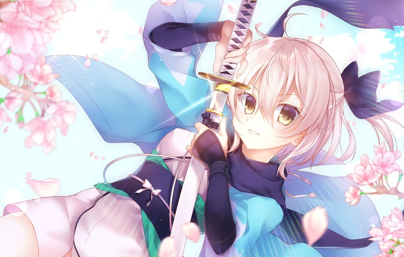 Photo wallpaper girl, sword, flower, anime, katana, sakura, ken, blade