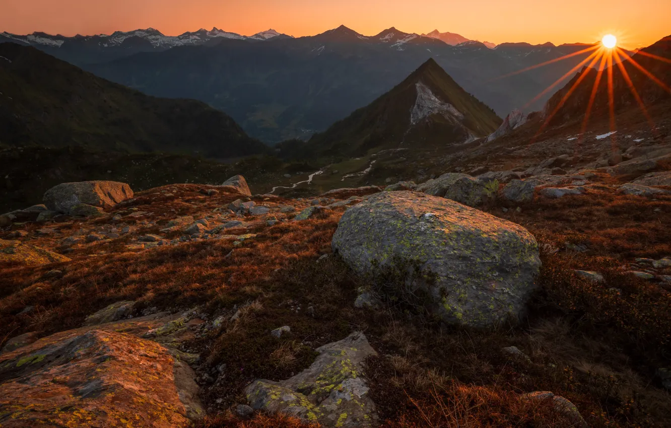 Photo wallpaper autumn, the sun, rays, light, sunset, mountains, stones, vegetation