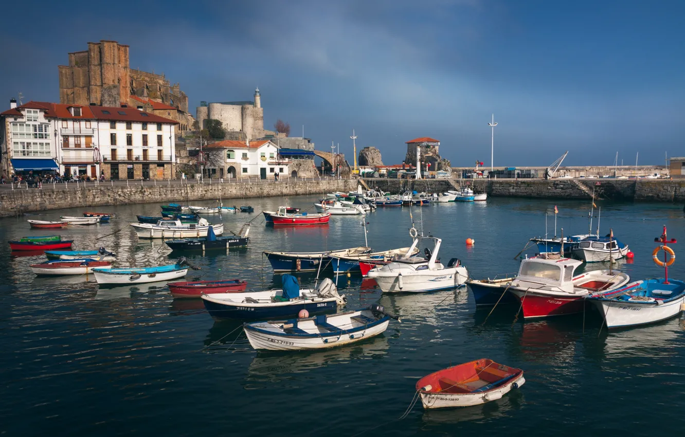 Photo wallpaper sea, landscape, boat, building, home, pier, Spain