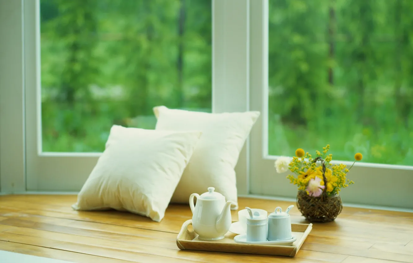 Photo wallpaper summer, flowers, tea, pillow, window