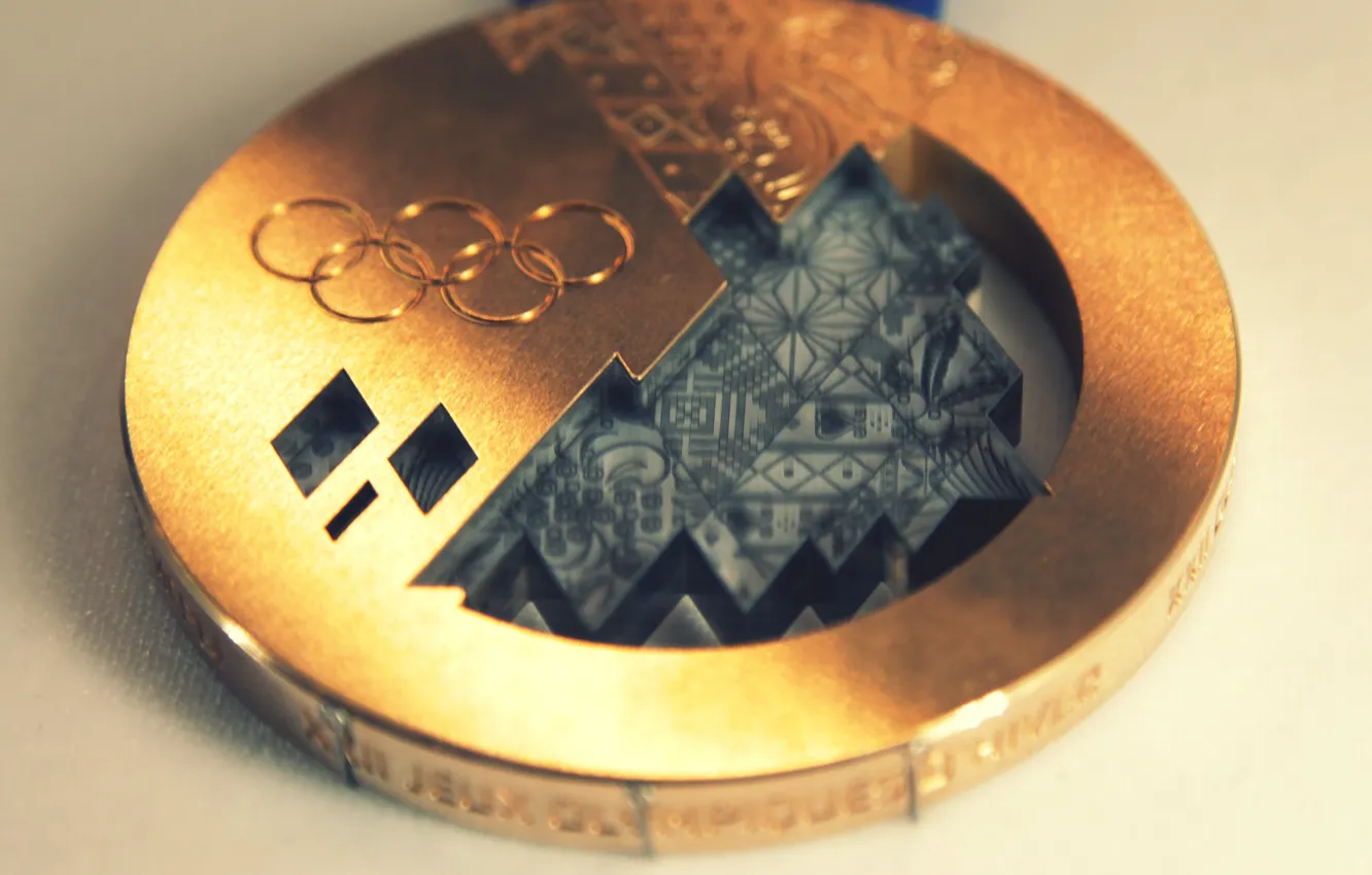 Photo wallpaper macro, gold, medal, gold medal, Olympic games, Sochi 2014