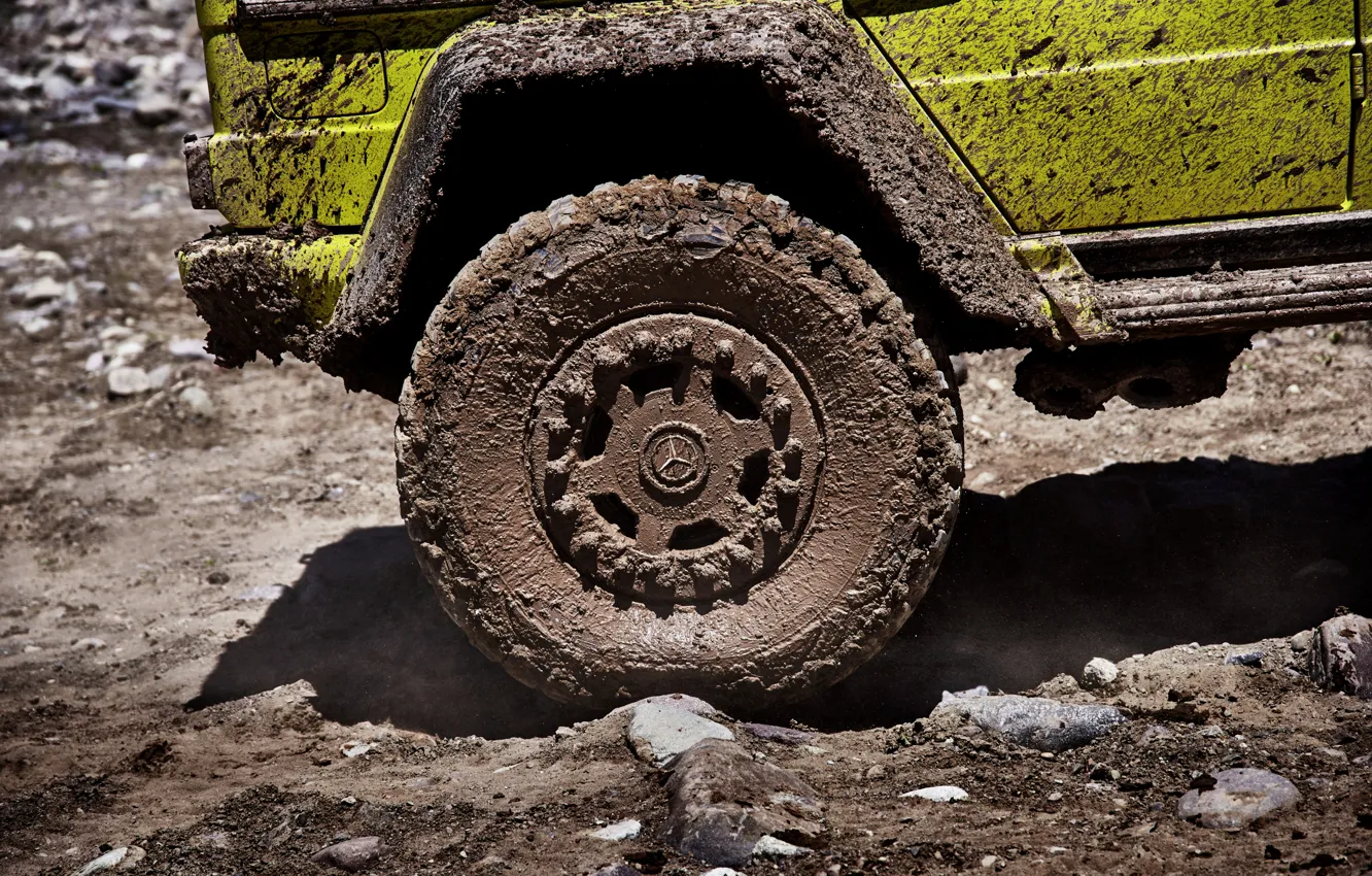 Photo wallpaper yellow, Mercedes-Benz, wheel, dirt, SUV, 4x4, G500, G-Class