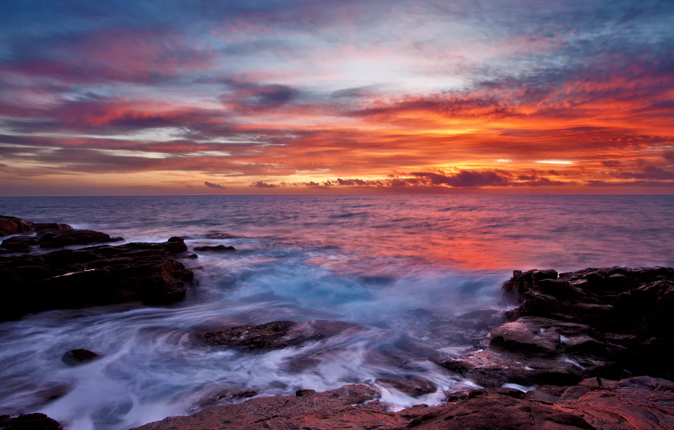 Photo wallpaper sea, the sky, clouds, sunset, stones, surf