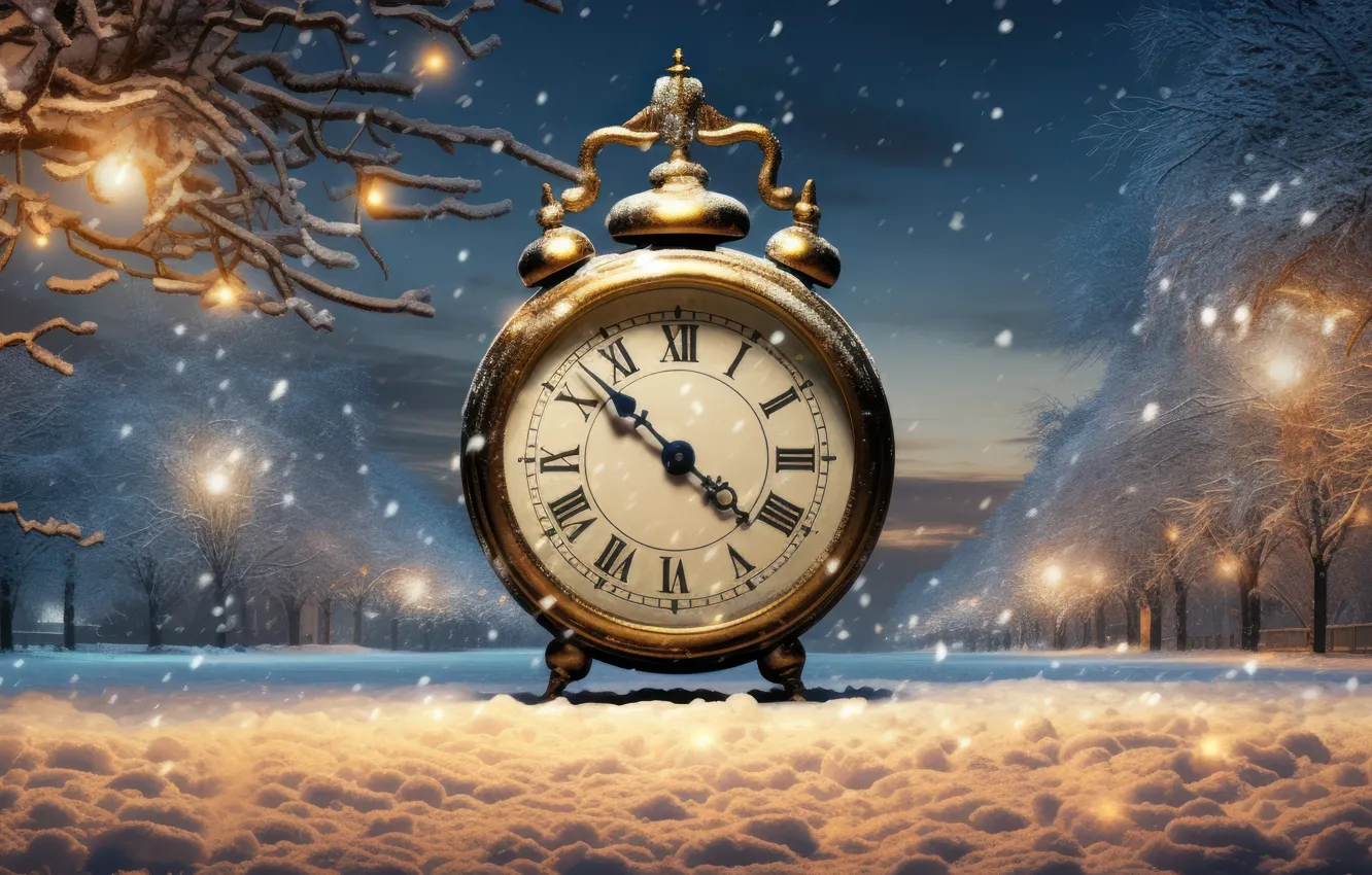 Photo wallpaper winter, snow, night, time, watch, new year, Christmas, panorama