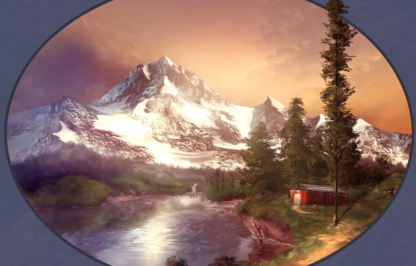 Photo wallpaper landscape, mountains, figure, round, frame, window