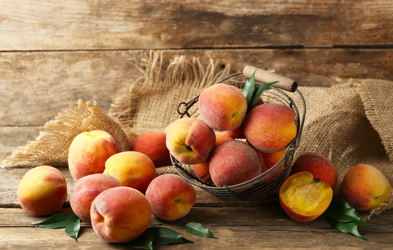 Photo wallpaper leaves, basket, fruit, peaches