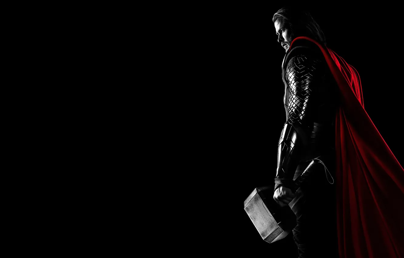 Photo wallpaper fiction, armor, hammer, black background, red, Cape, comic, Thor