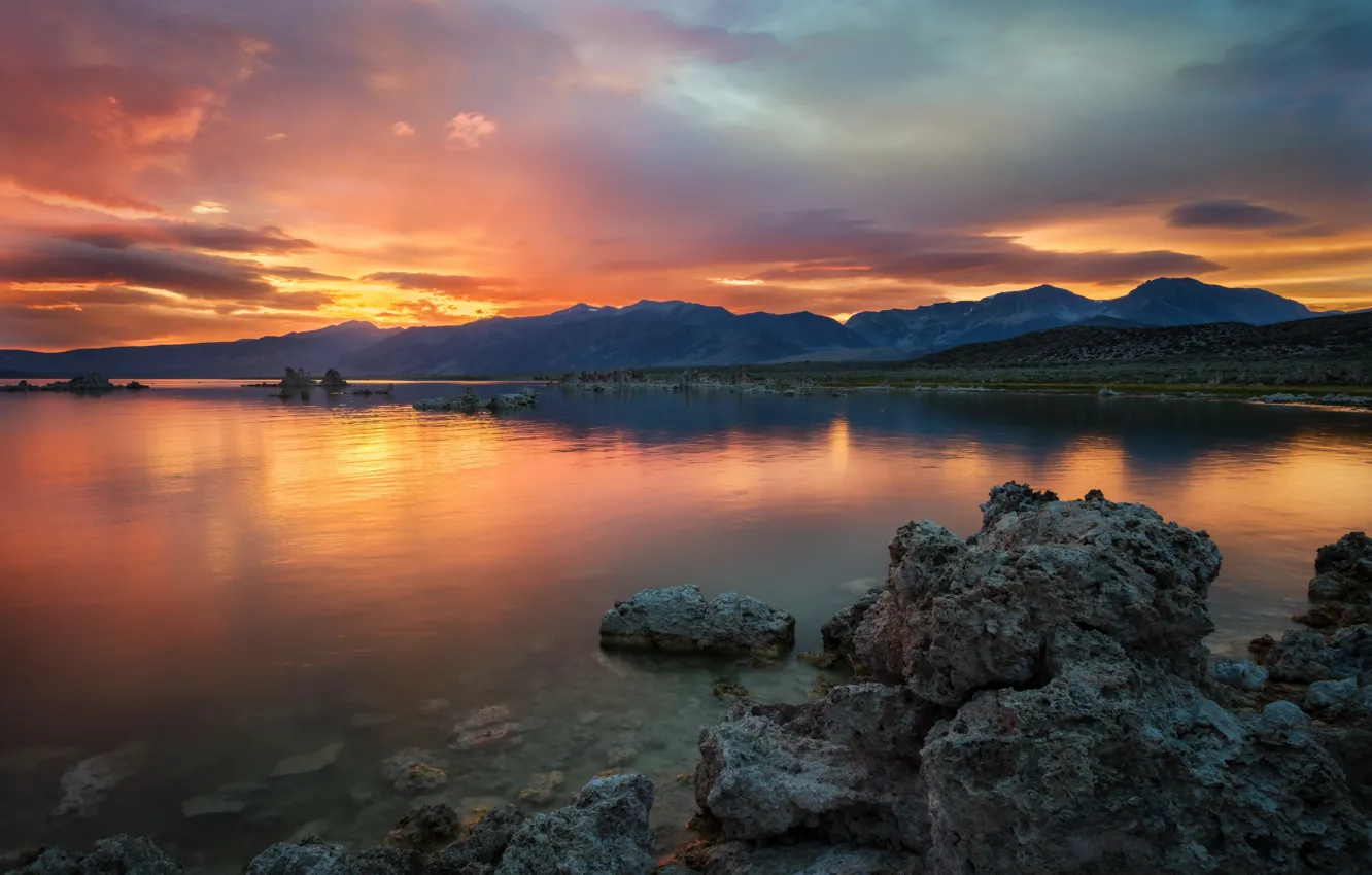 Photo wallpaper the sky, sunset, shore, pond