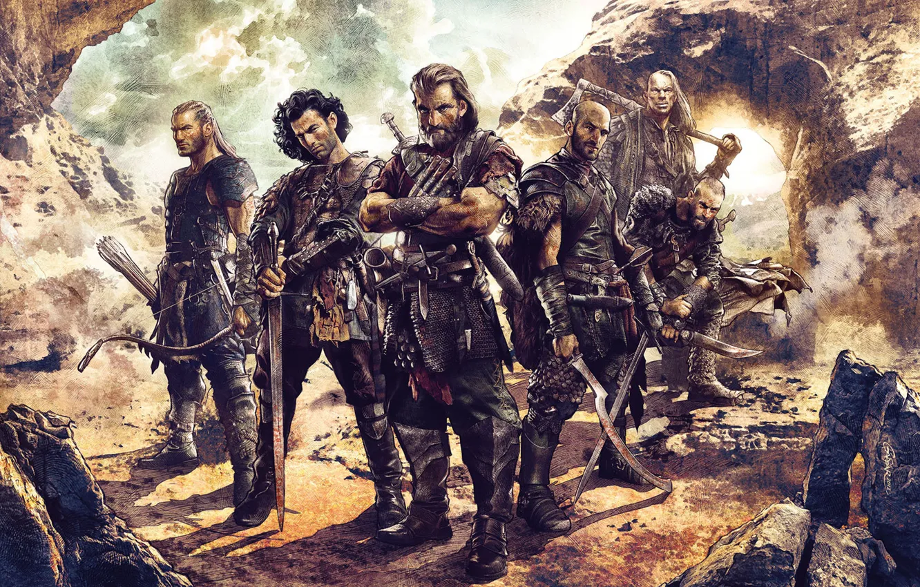 Photo wallpaper sword, warrior, bow, art, male, arrows, squad