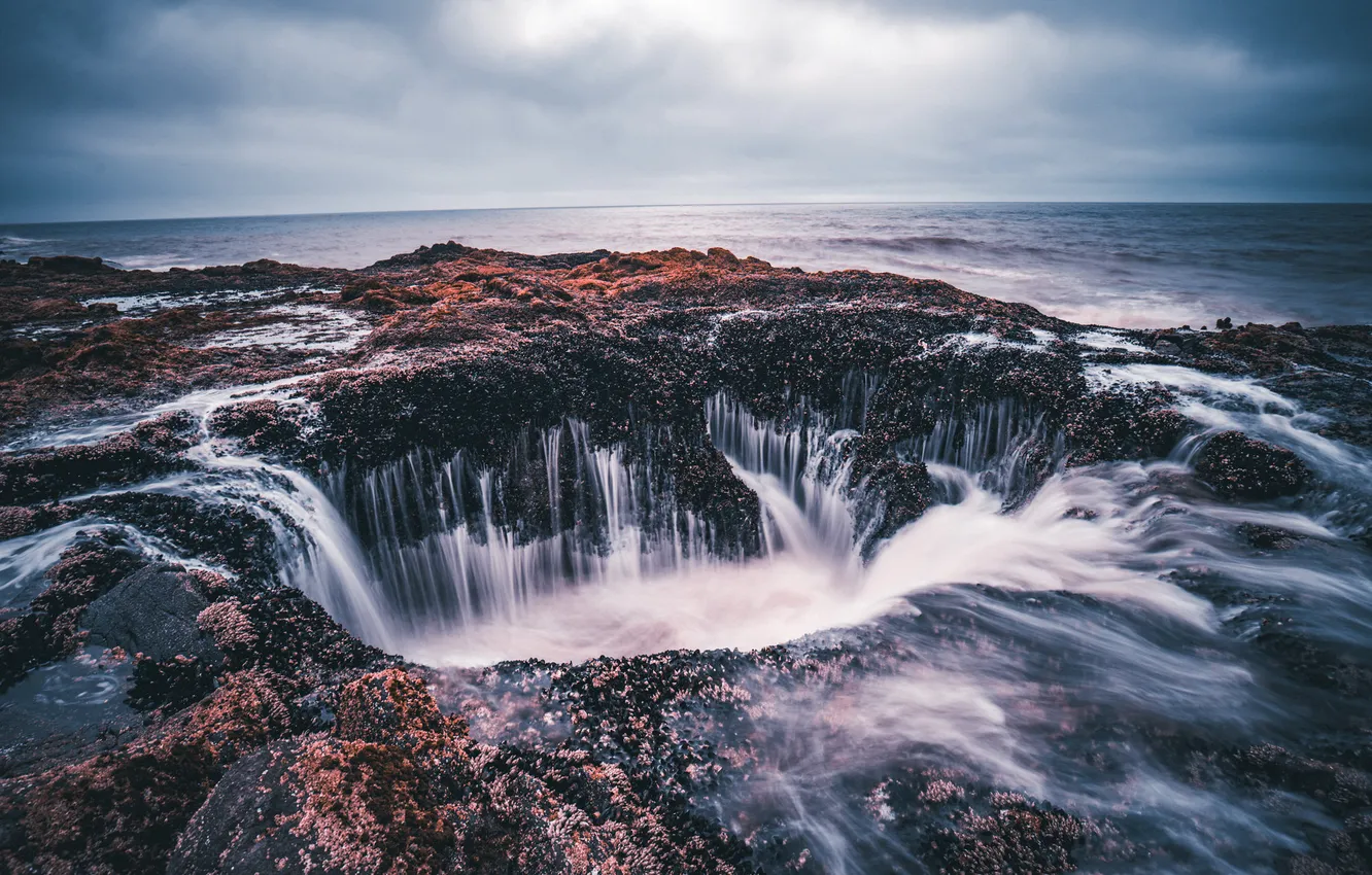Photo wallpaper sea, clouds, stones, overcast, rocks, shore, waterfall, The funnel
