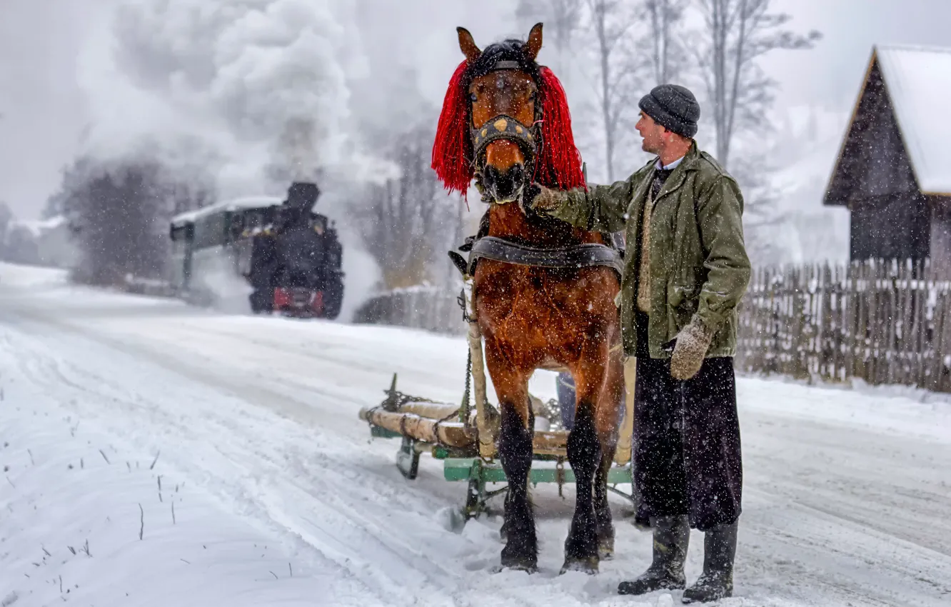 Photo wallpaper winter, horse, winter, man, time, in the depths of, once