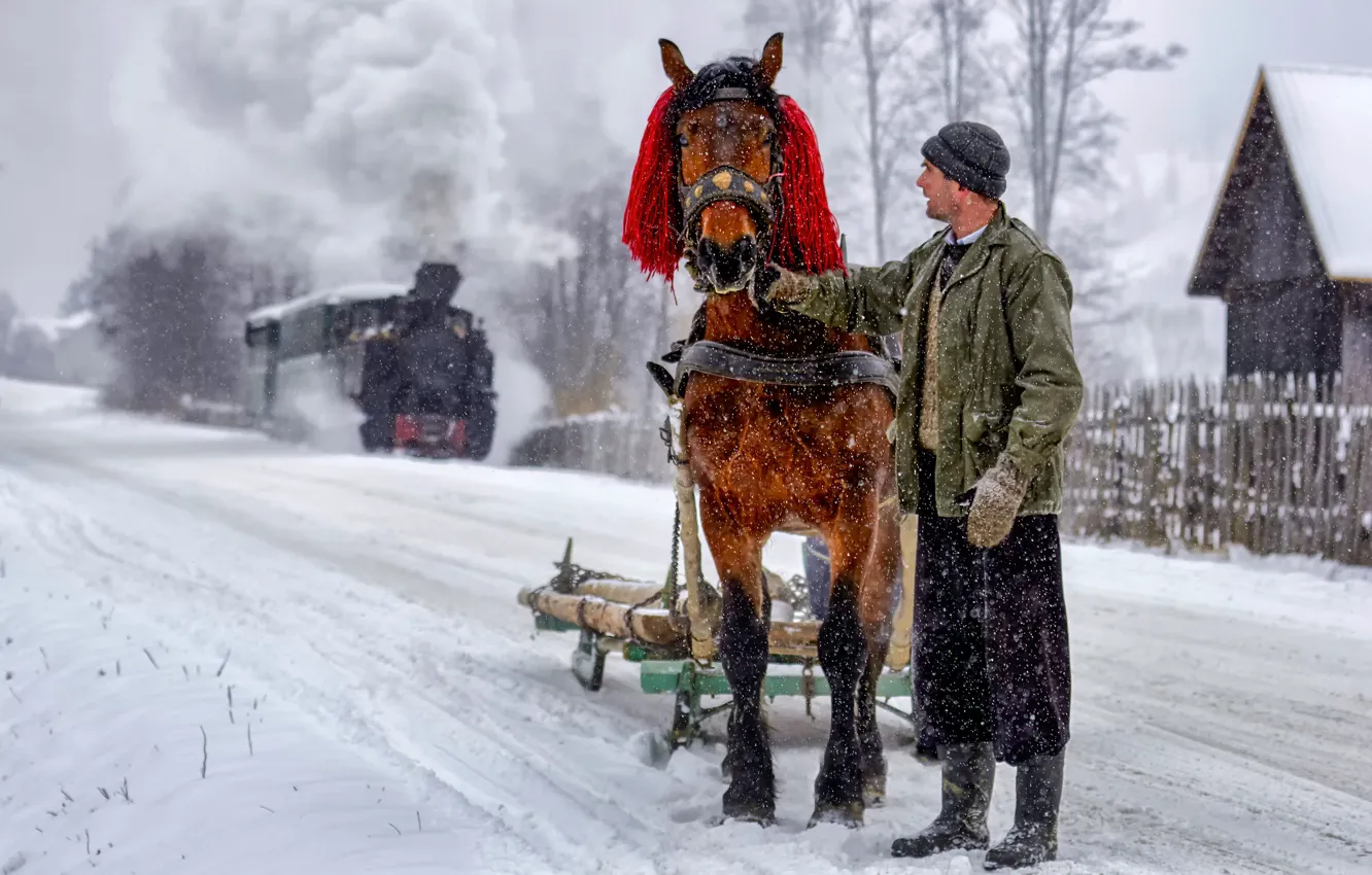 Photo wallpaper winter, horse, man, time, winter, in the depths of, once