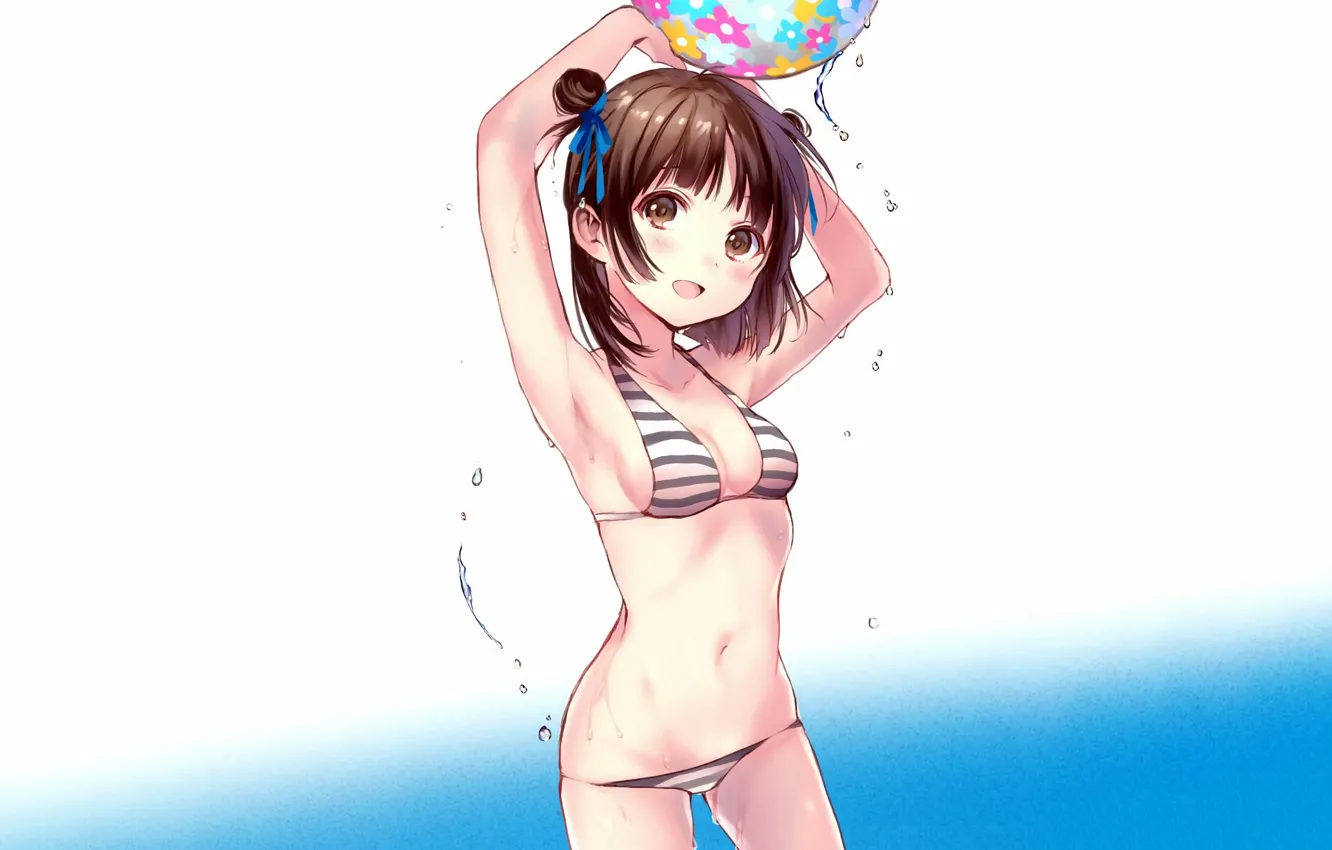 Photo wallpaper girl, sexy, wet, cleavage, brown hair, brown eyes, boobs, anime