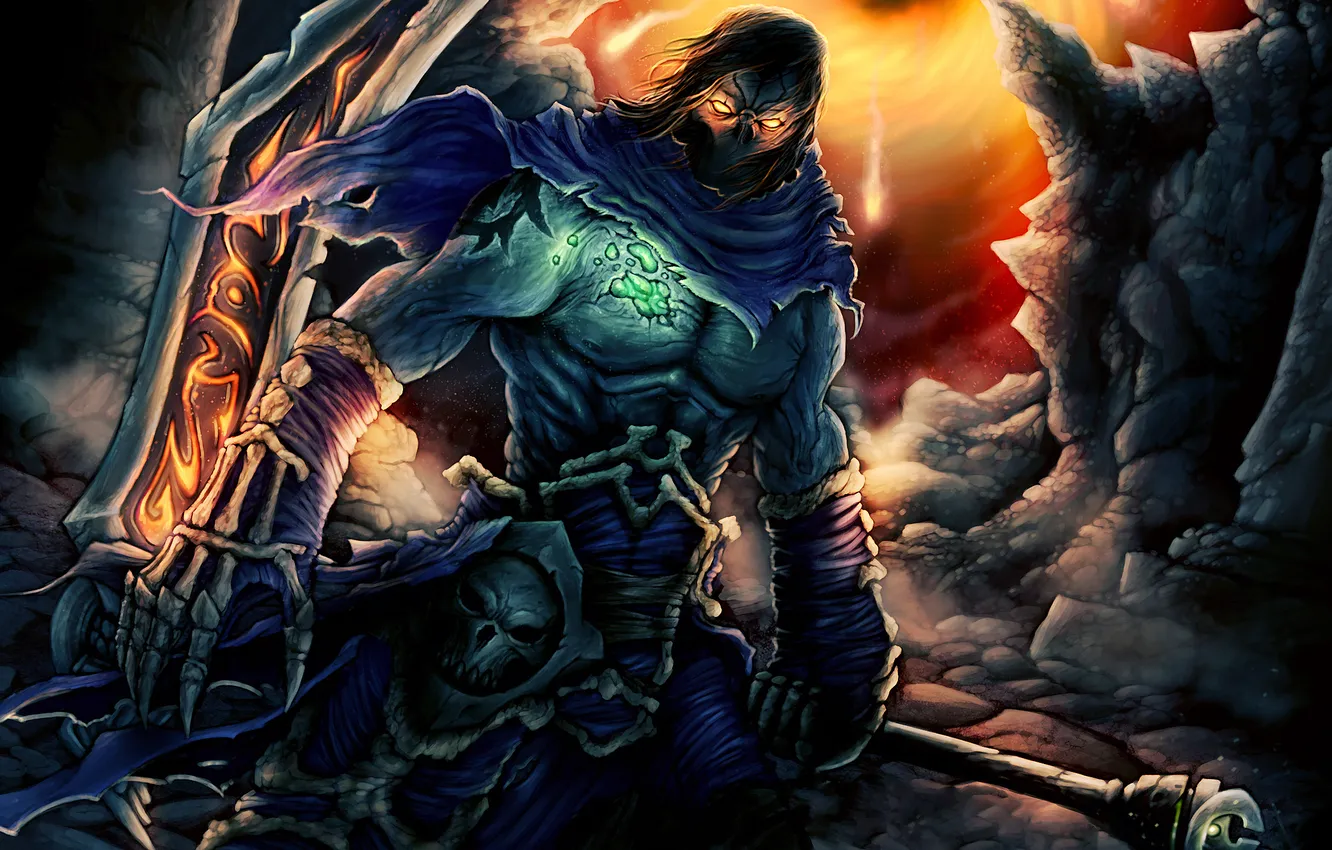 Photo wallpaper death, weapons, skull, mask, art, darksiders, runes, death