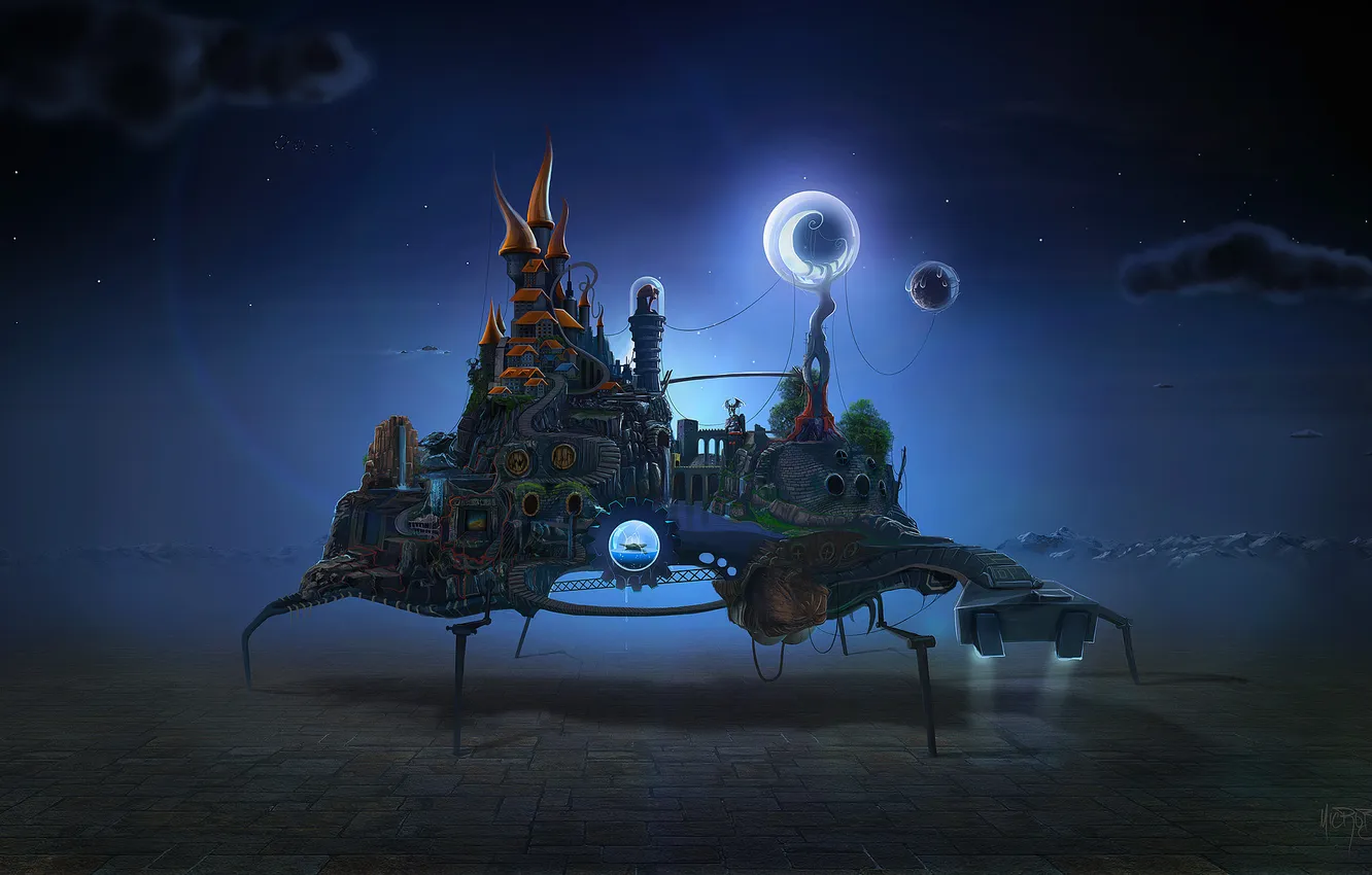 Photo wallpaper night, castle, a month, track