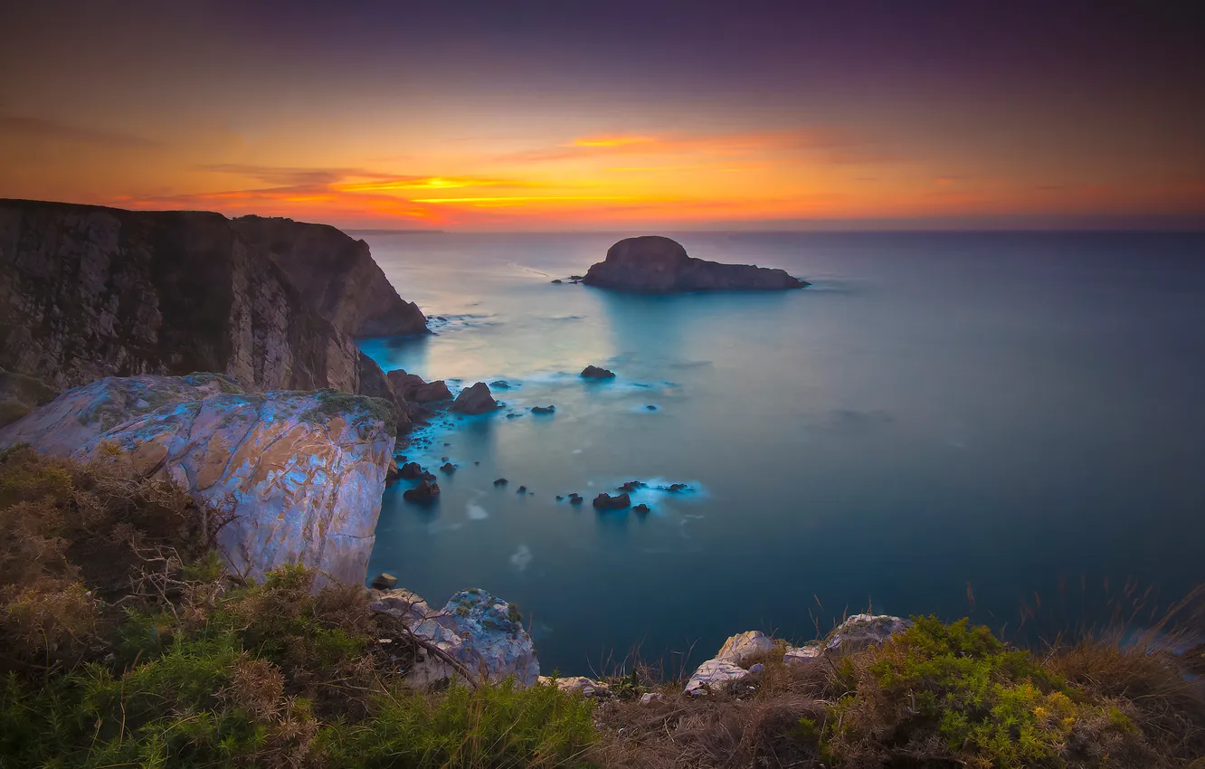 Photo wallpaper sea, the sky, clouds, sunset, mountains, rocks, plant