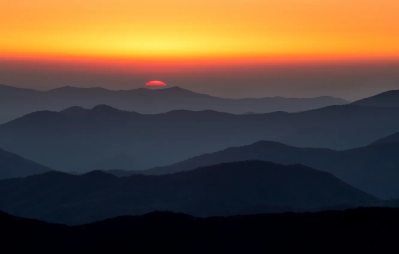 Photo wallpaper the sky, the sun, sunset, mountains, glow