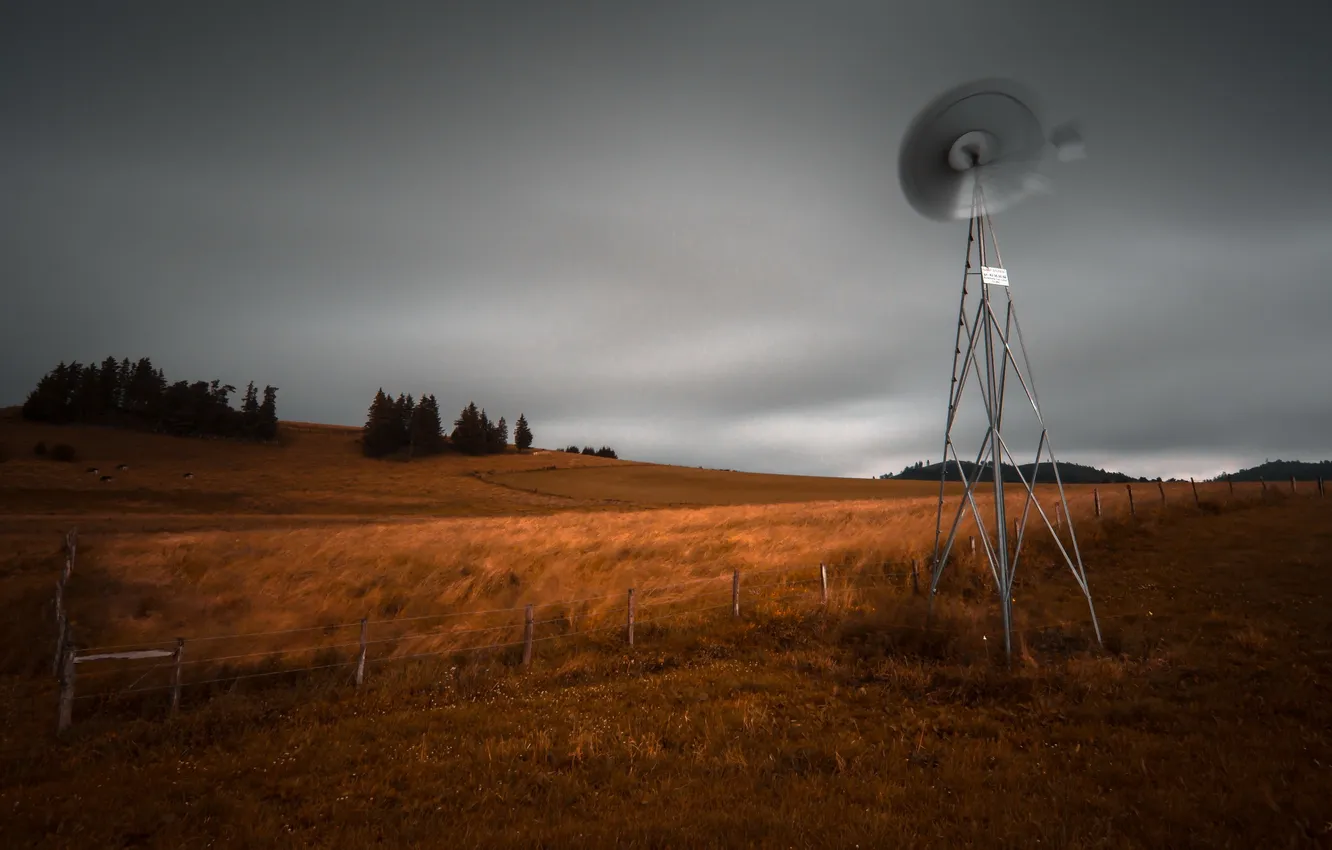 Photo wallpaper field, the fence, windmills