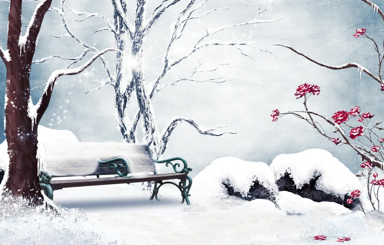 Photo wallpaper winter, snow, flowers, figure, roses, bench