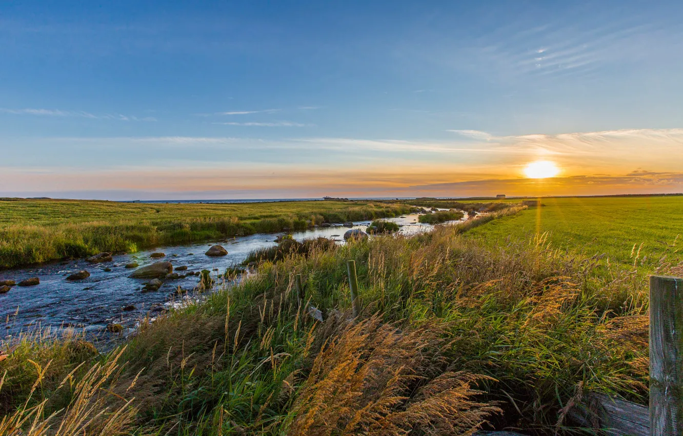 Photo wallpaper the sky, grass, the sun, shore, the fence, pond